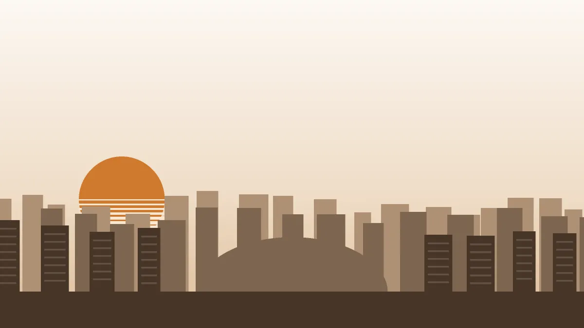 Illustration of a low skyline broken by a large stadium bowl at its centre, representing Dubai Sports City.
