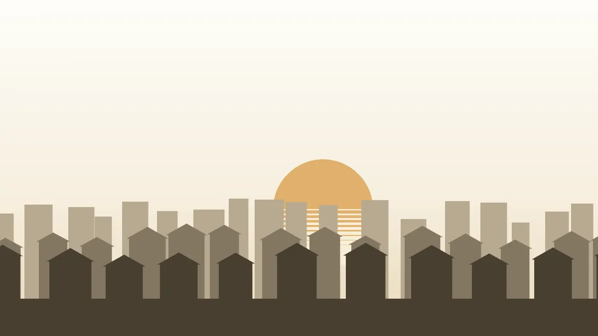 Illustration of a low villa and townhouse roofline beneath a wide pale sky, representing the Dubailand development zone.
