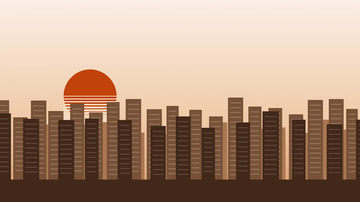 Illustration of a dense, uniform mid-rise skyline representing Jumeirah Village Circle, drawn in flat tonal bands under a cool morning sky.
