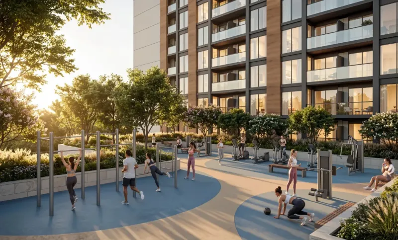 Render of the outdoor fitness zone at The Woods, Sobha Sanctuary, set among landscaped planting.
