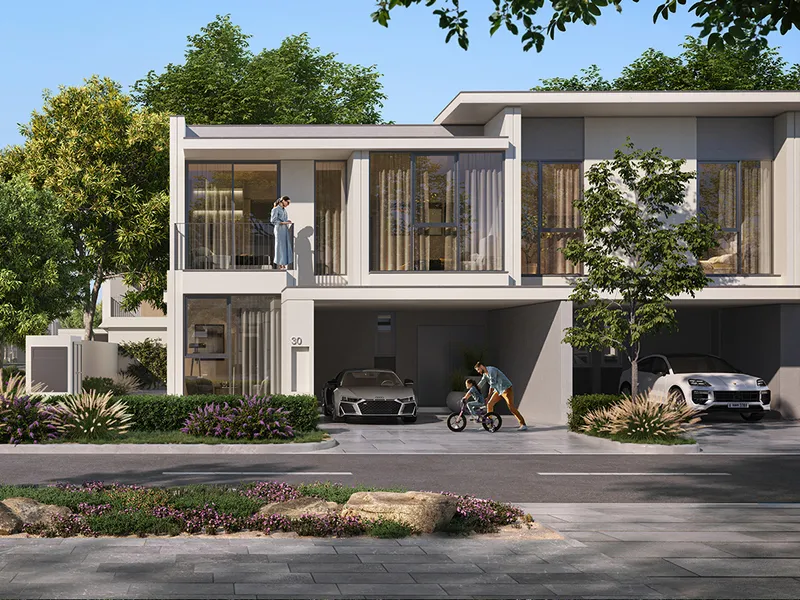 Render of a Vindera townhouse at The Valley by Emaar, with a two-car carport and a landscaped front garden.