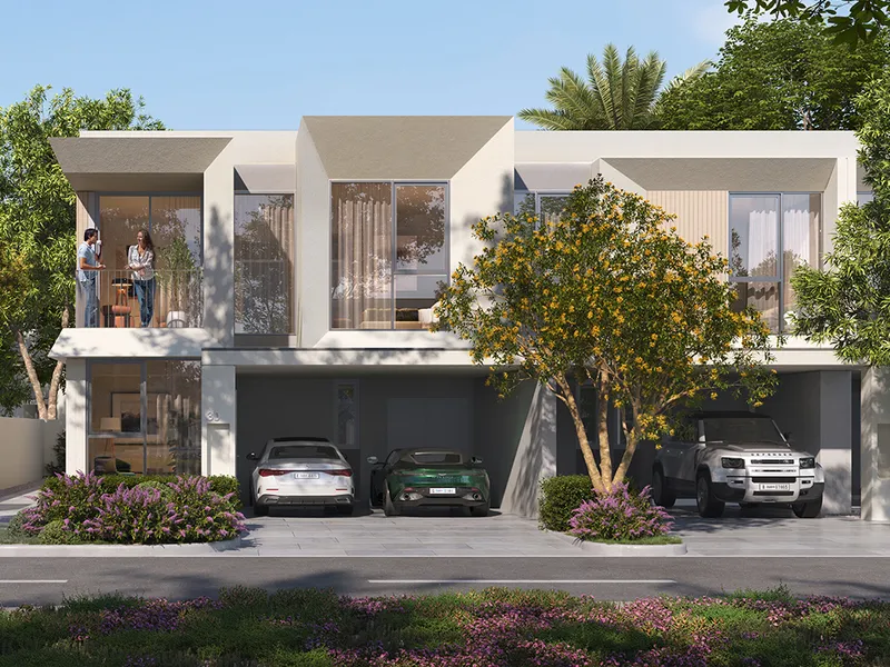 Render of a pair of Vindera townhouses at The Valley, with balconies above covered parking.
