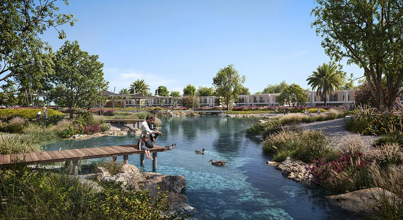 Render of the tranquil lake and boardwalk at Vindera, The Valley.