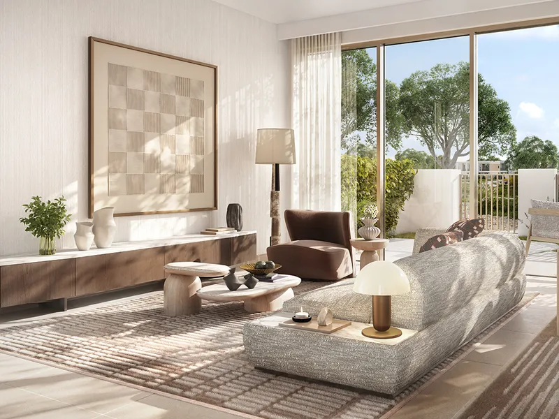 Interior render of a Vindera townhouse living room with full-height glazing onto the garden.