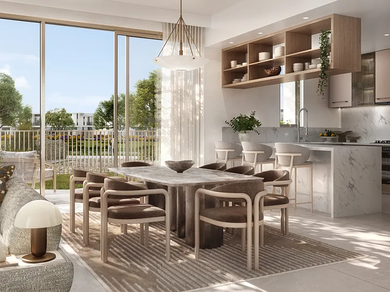 Interior render of the open kitchen and dining area in a Vindera townhouse.