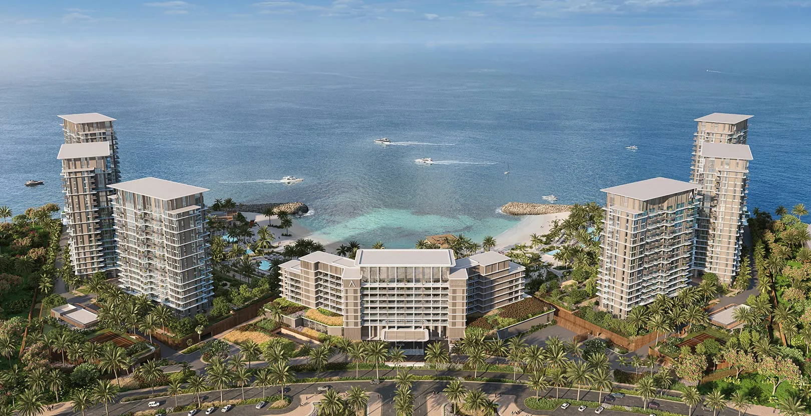 Aerial render of the Address Residences towers and resort on View Island at Al Marjan Island
