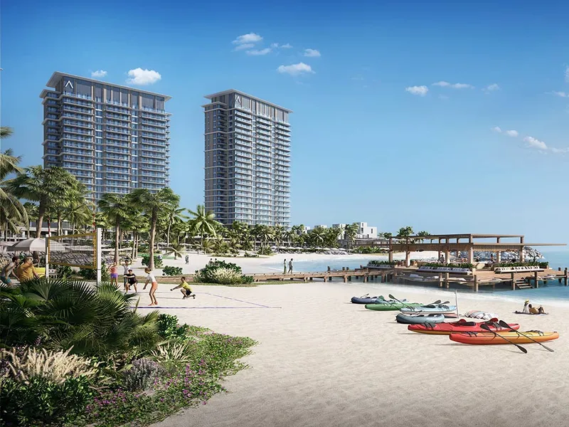 Render of the beach at Address Residences Al Marjan Island with kayaks and the towers behind