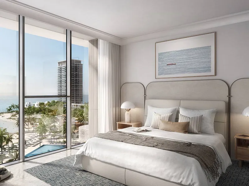 Interior render of a bedroom with floor-to-ceiling windows over the beach
