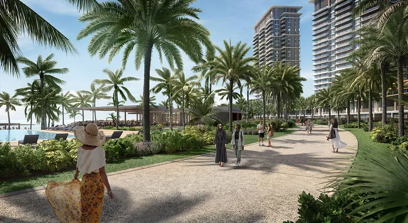 Render of a palm-lined garden path leading towards the towers