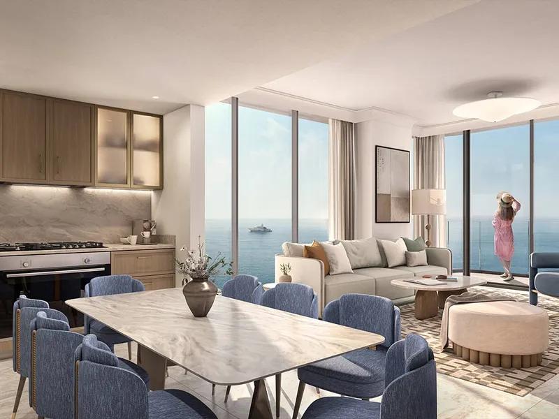 Interior render of an open-plan living, dining and kitchen area with sea views