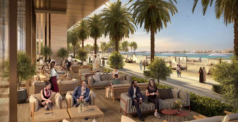 Render of a shaded lounge terrace opening onto the palm-lined beach promenade at Emaar Beachfront