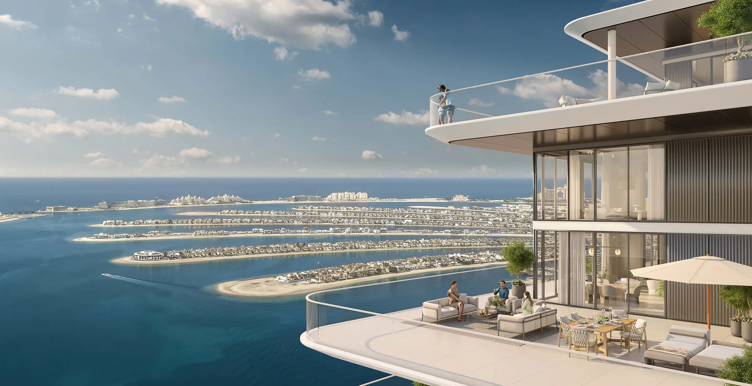 Render of a wraparound terrace at Address Residences The Bay looking out over Palm Jumeirah and the Arabian Gulf