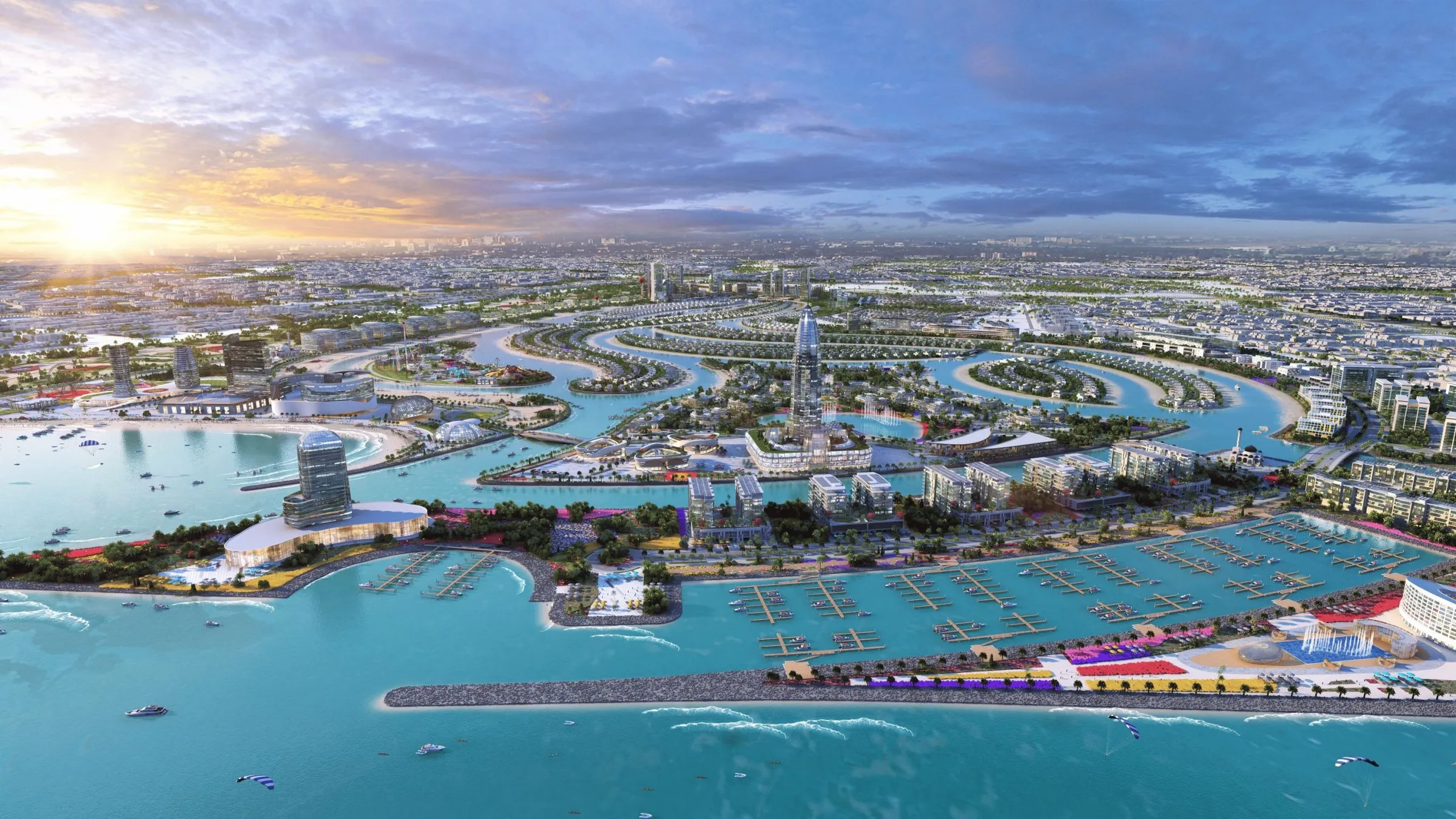 Ajmal Makan City, Sharjah Waterfront, aerial view of the islands, canals and marina