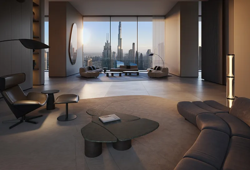 Render of a large Akala living room with sculptural sofas and floor-to-ceiling windows framing Burj Khalifa