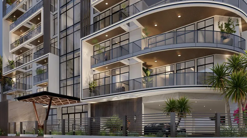 Render of the curved balconies on the corner of Arché Residence above the landscaped street edge