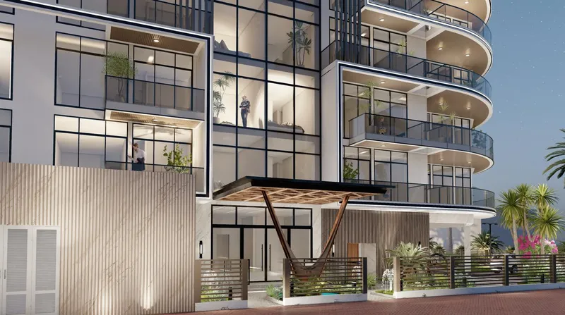 Render of the entrance canopy and balconies of Arché Residence at street level