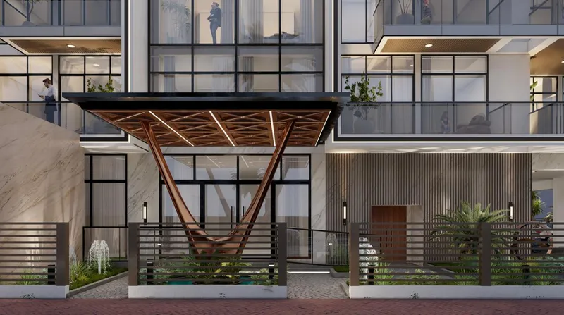 Render of the timber lattice canopy over the main entrance of Arché Residence