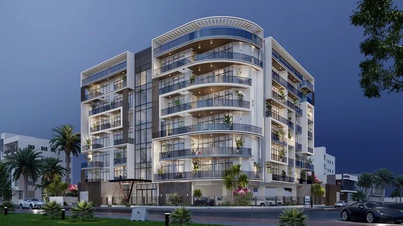 Evening render of Arché Residence in Dubai South, a seven-storey building with curved balconies on its corner