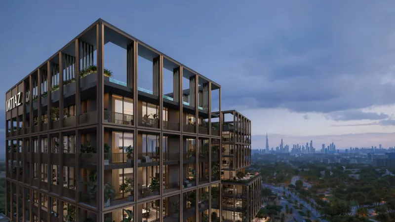 The Archive rooftop frame with the Dubai skyline in the distance