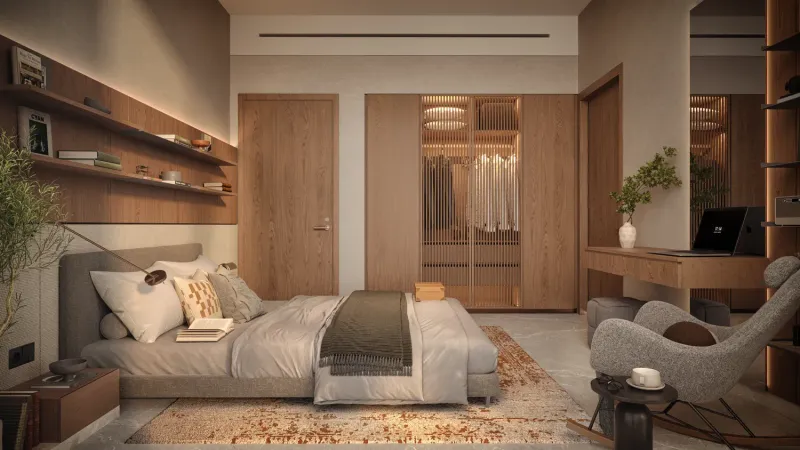 Furnished bedroom with built-in wardrobes at The Archive