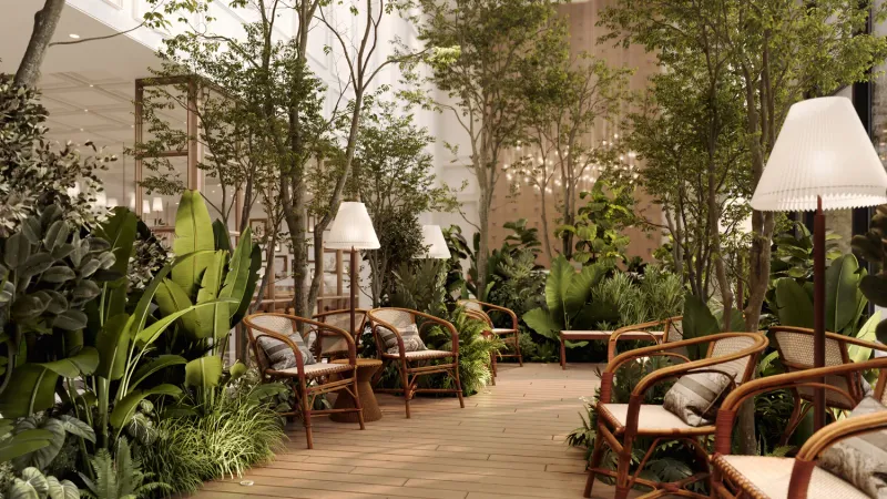 Reading lounge among indoor planting at The Archive