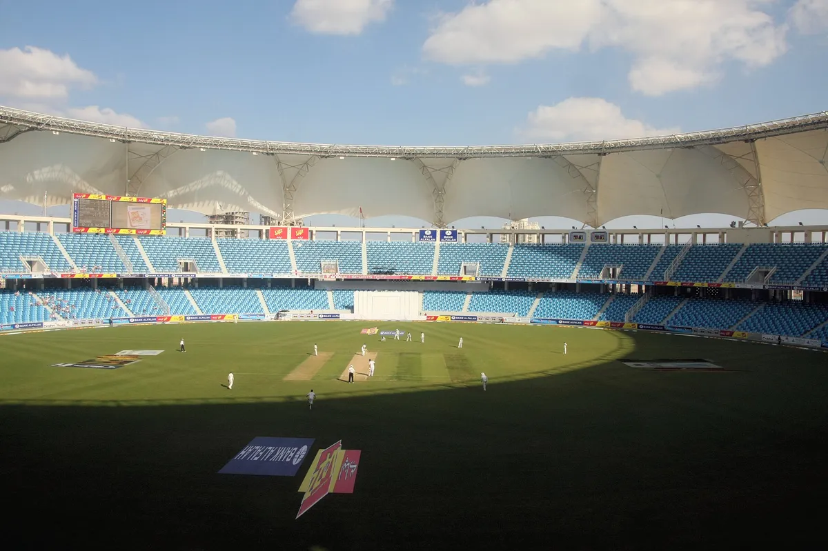 A cricket match at Dubai International Cricket Stadium in Dubai Sports City