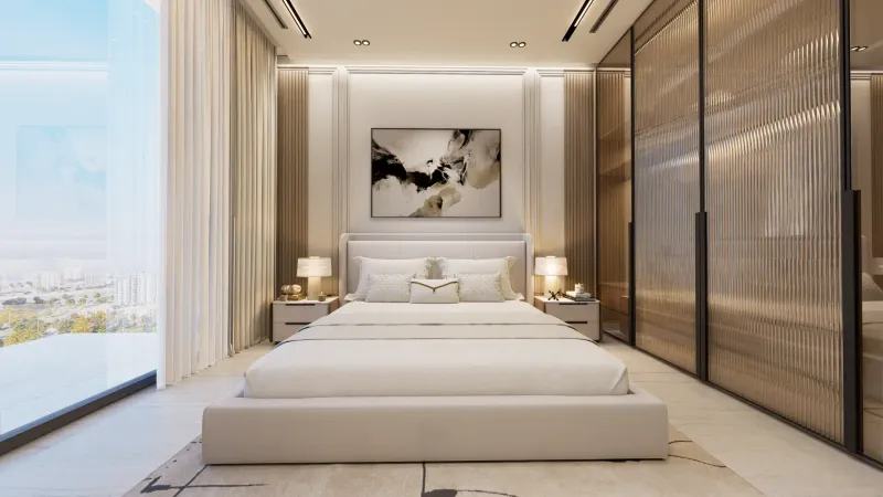Aspirz apartment master bedroom with floor-to-ceiling glazing