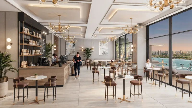 Aspirz business cafe with bar seating and city views