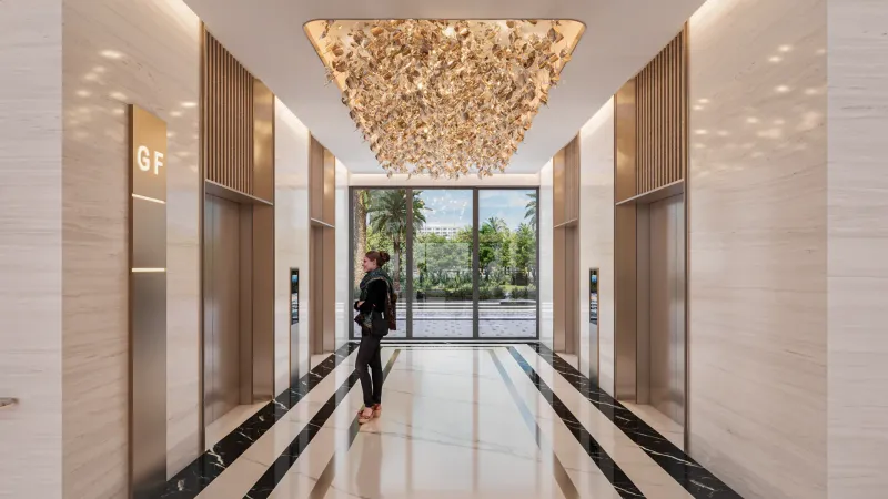 Aspirz lift lobby with marble floor and feature ceiling