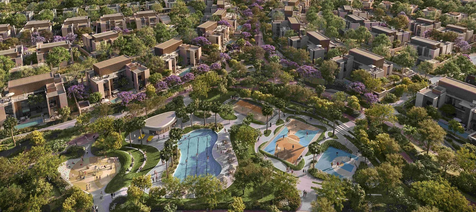 Aerial render of Athlon villas around parks, pools and play areas in Dubailand