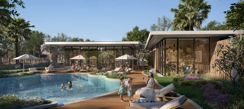 Render of an Athlon clubhouse with a pool, sun loungers and timber deck