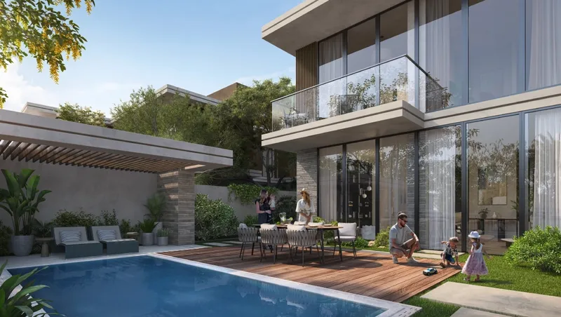 Render of an Athlon villa garden with a private pool, timber deck and outdoor dining