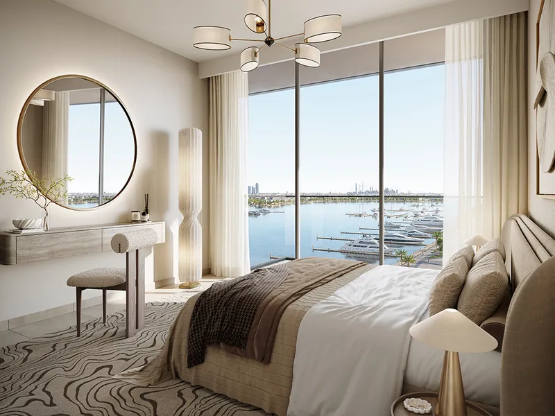 Interior render of an Aurea bedroom with a full-height window over the yacht berths