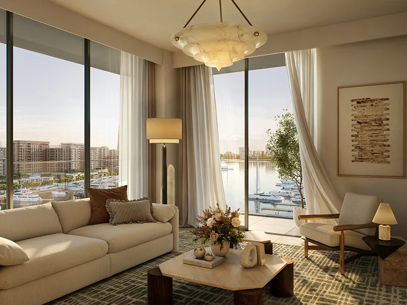 Interior render of an Aurea living room with floor-to-ceiling windows onto the marina