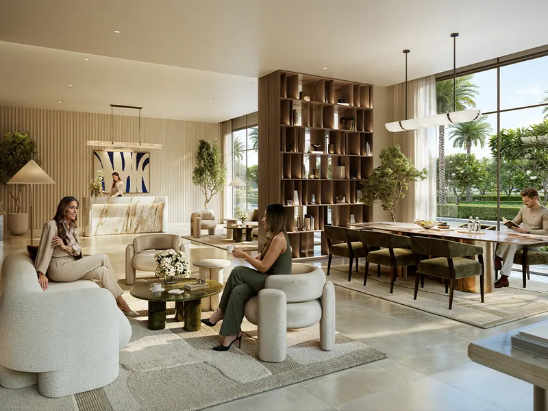 Interior render of the Aurea lobby lounge with a reception desk, bookshelves and garden views