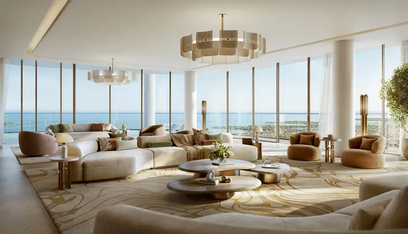 Render of a large living room with curved sofas and floor-to-ceiling windows facing the sea