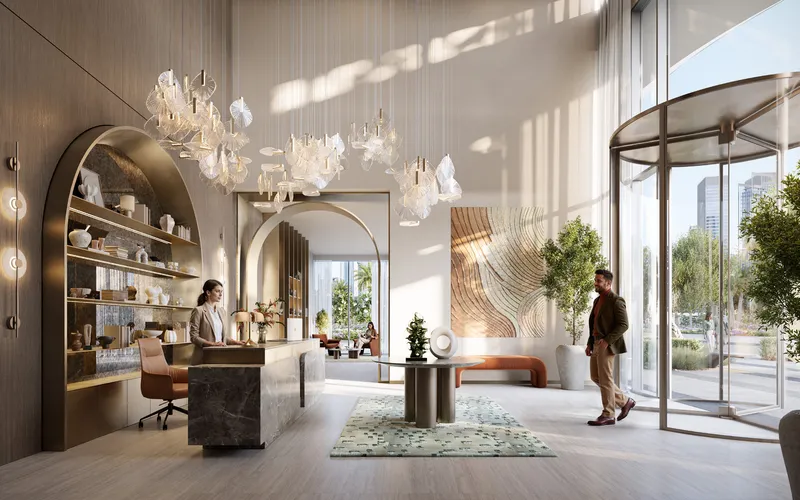 Render of the Avarra by Palace lobby with an arched shelving wall, reception desk and revolving door