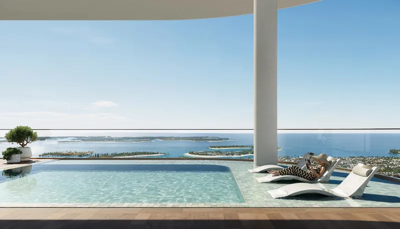 Render of a pool deck with loungers under an overhang, looking out to the sea