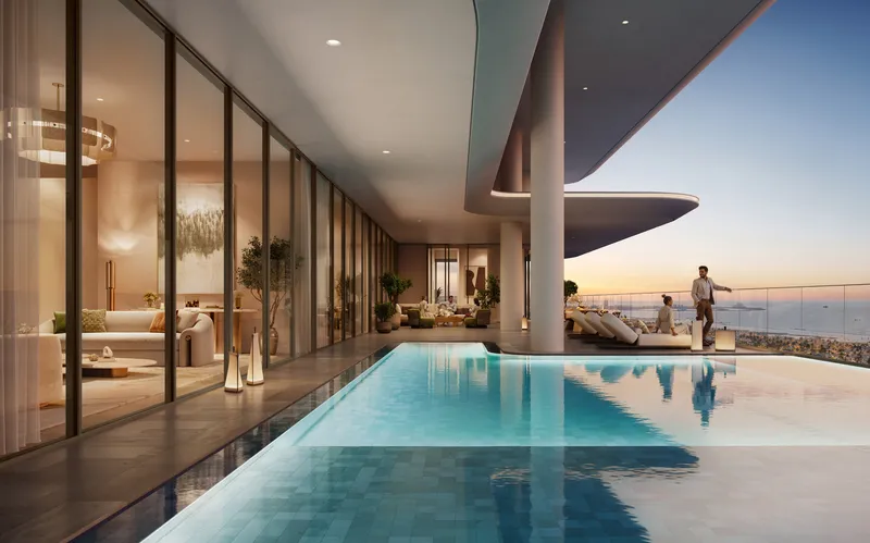 Render of a pool terrace beside a glazed lounge, with residents looking out over the city