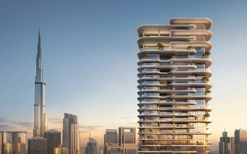 Render of the Avarra by Palace tower with rounded, terraced balconies beside Burj Khalifa