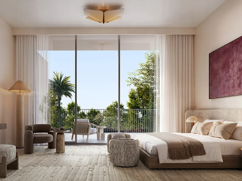 Interior render of an Avelia villa bedroom with full-height doors onto a balcony