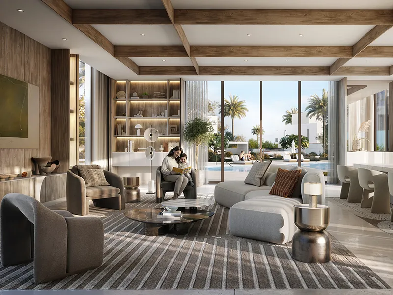 Interior render of an Avelia family room with a beamed ceiling opening onto a pool terrace