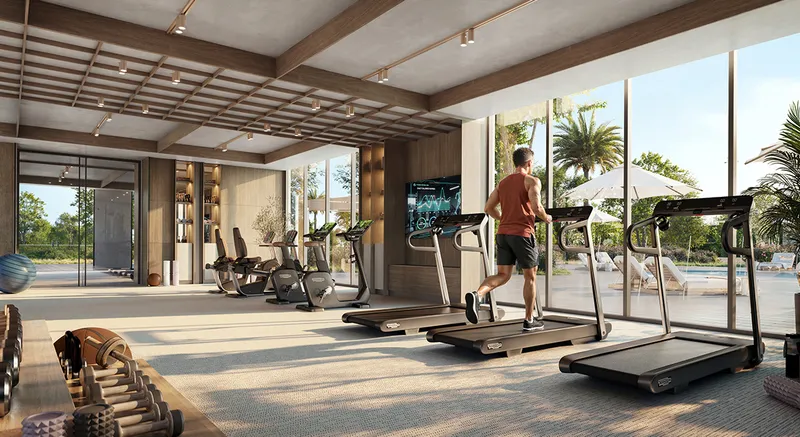 Render of the Avelia fitness centre with treadmills facing full-height windows
