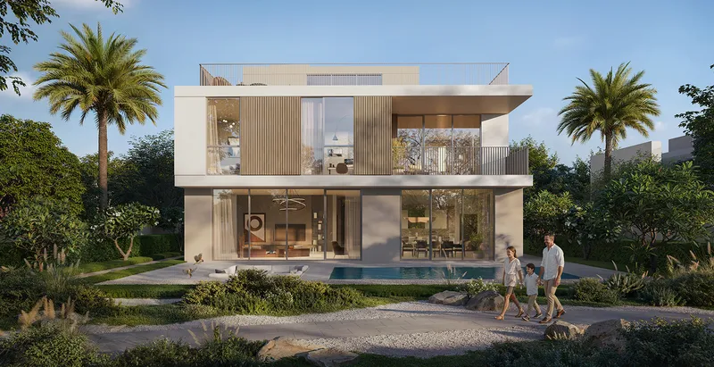 Render of a two-storey Avelia villa with a roof terrace, garden pool and palm trees at The Valley