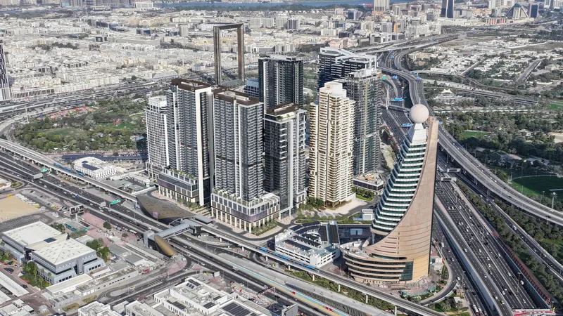 Aerial render of the Avenue Park Towers II towers among the buildings of Wasl 1