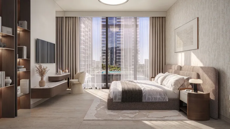 Bedroom with floor-to-ceiling windows at Avenue Park Towers II