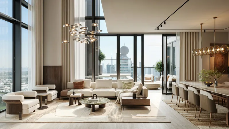 Double-height living and dining room in an Avenue Park Towers II duplex