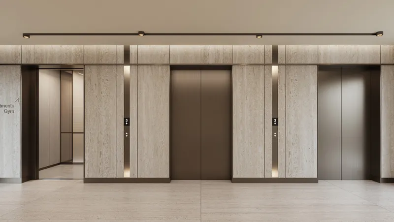 Lift lobby with timber-effect panelling at Avenue Park Towers II
