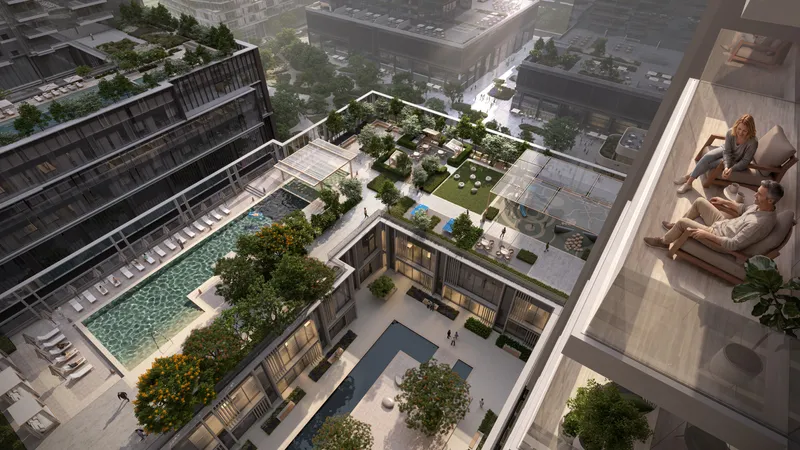 Podium pool, lawns and courtyard between the Avenue Park Towers II towers