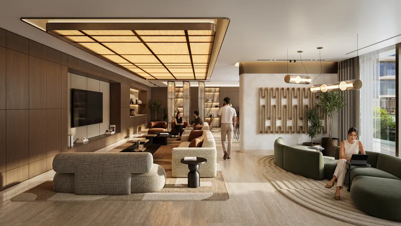 Residents’ lounge with sofas and a coffered ceiling at Avenue Park Towers II